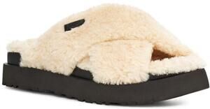 UGG Fuzz Sugar Cream Black Cross Platform Slip On Slide Slippers Women’s Size 9